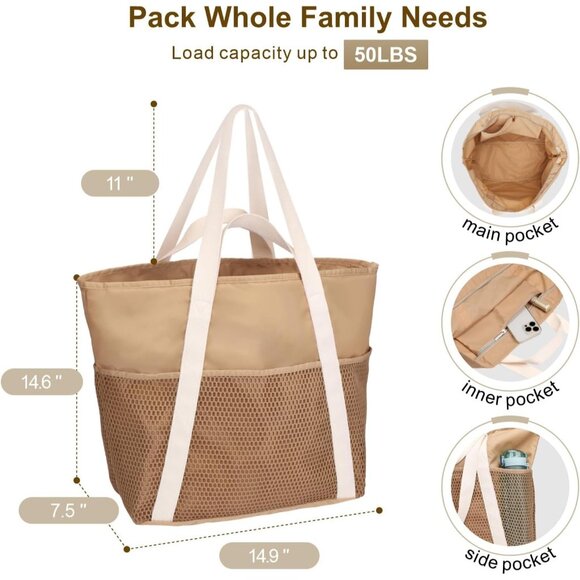 Women's Khaki Vacation Waterproof Sandproof With Zipper Mesh Pockets Beach Bag - Picture 2 of 8